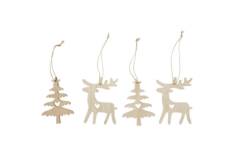 Speedtsberg - Ornament, træ. 4. assorterede, rensdyr og juletræ